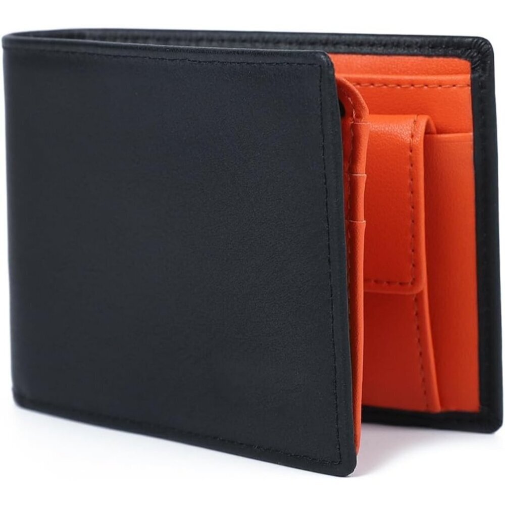 Men's Orange Front Coin Pocket Flip Up Leather Wallet Card Blocking Slim Bifold